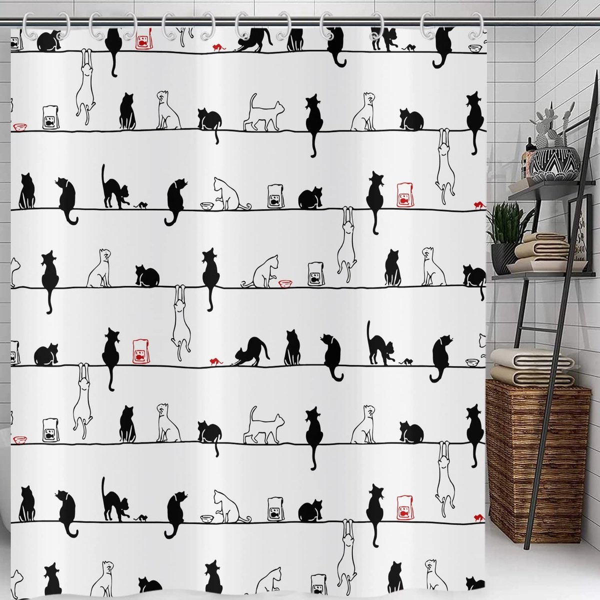 Omgoods - Funny Cat Douchegordijn 180x200 - Schattige Zwart-Witte Kattenprint