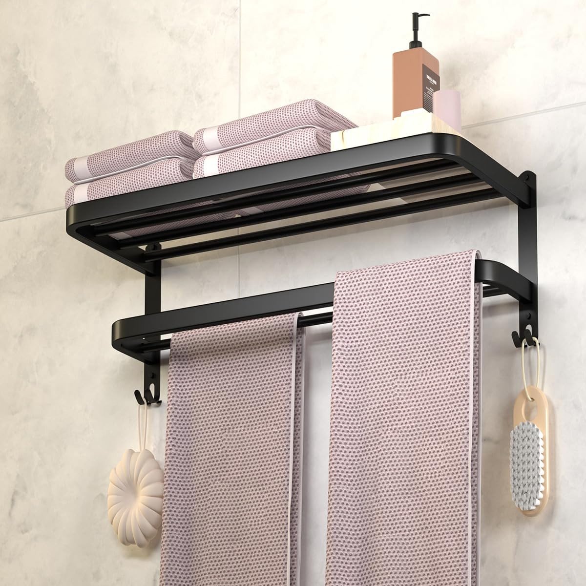 Omgoods - Badkamer Handdoekrek Dubbele Stang met Haken Mat Zwart
