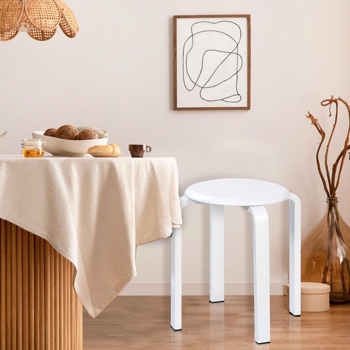 Omgoods - Set van 2 Eetkamerkrukken - Houten Stapelstoelen met Antislipmat, Wit