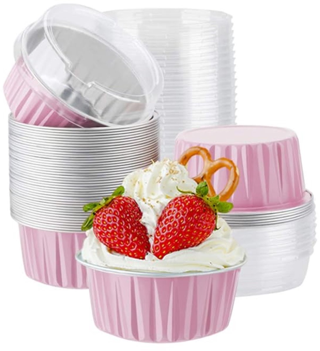 Omgoods - 100 Stuks Aluminiumfolie Bakbekers met Deksels voor Taart en Muffins