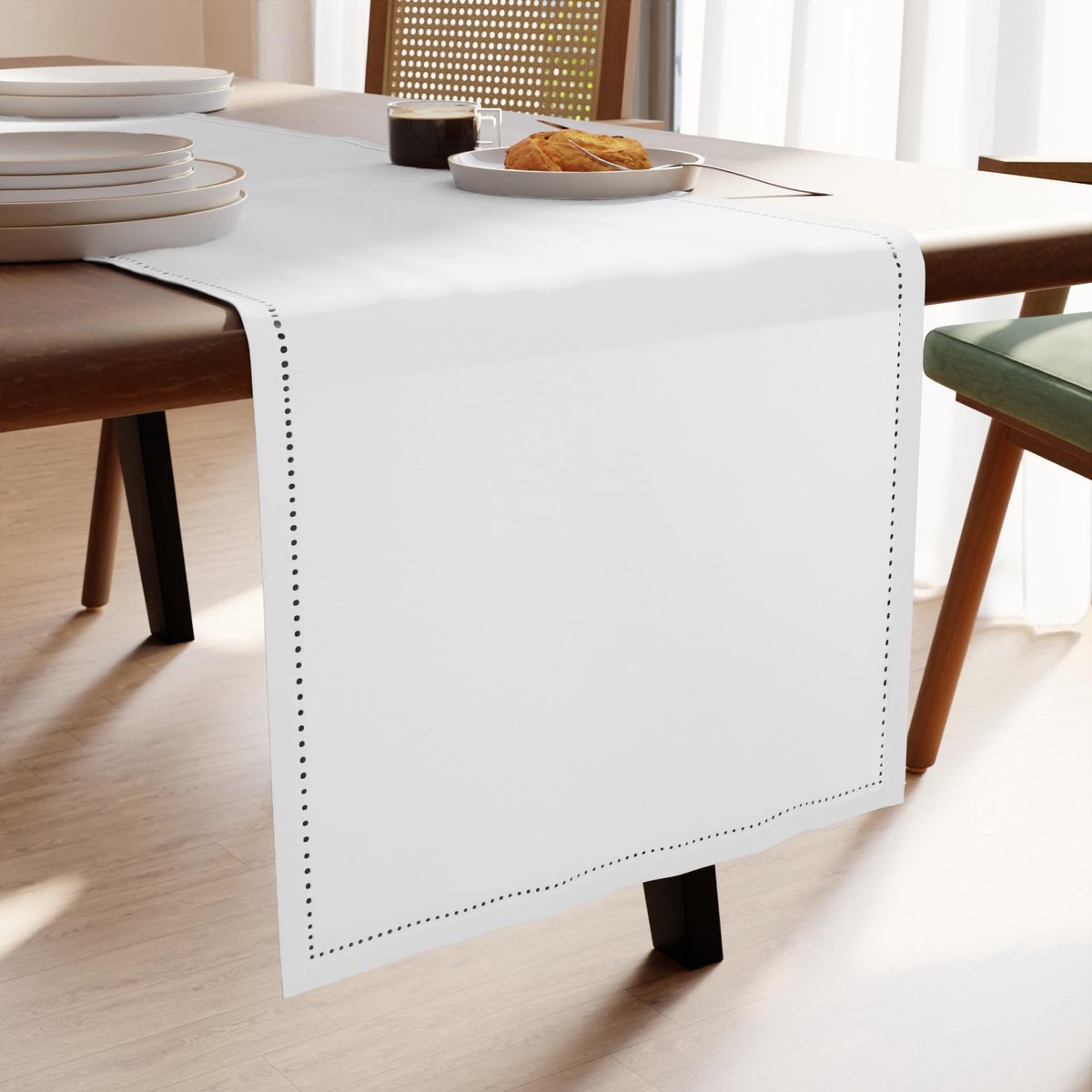 Omgoods - Pure Katoenen Tafelrunner met Hollow Hem Ontwerp, Wit 40x183cm