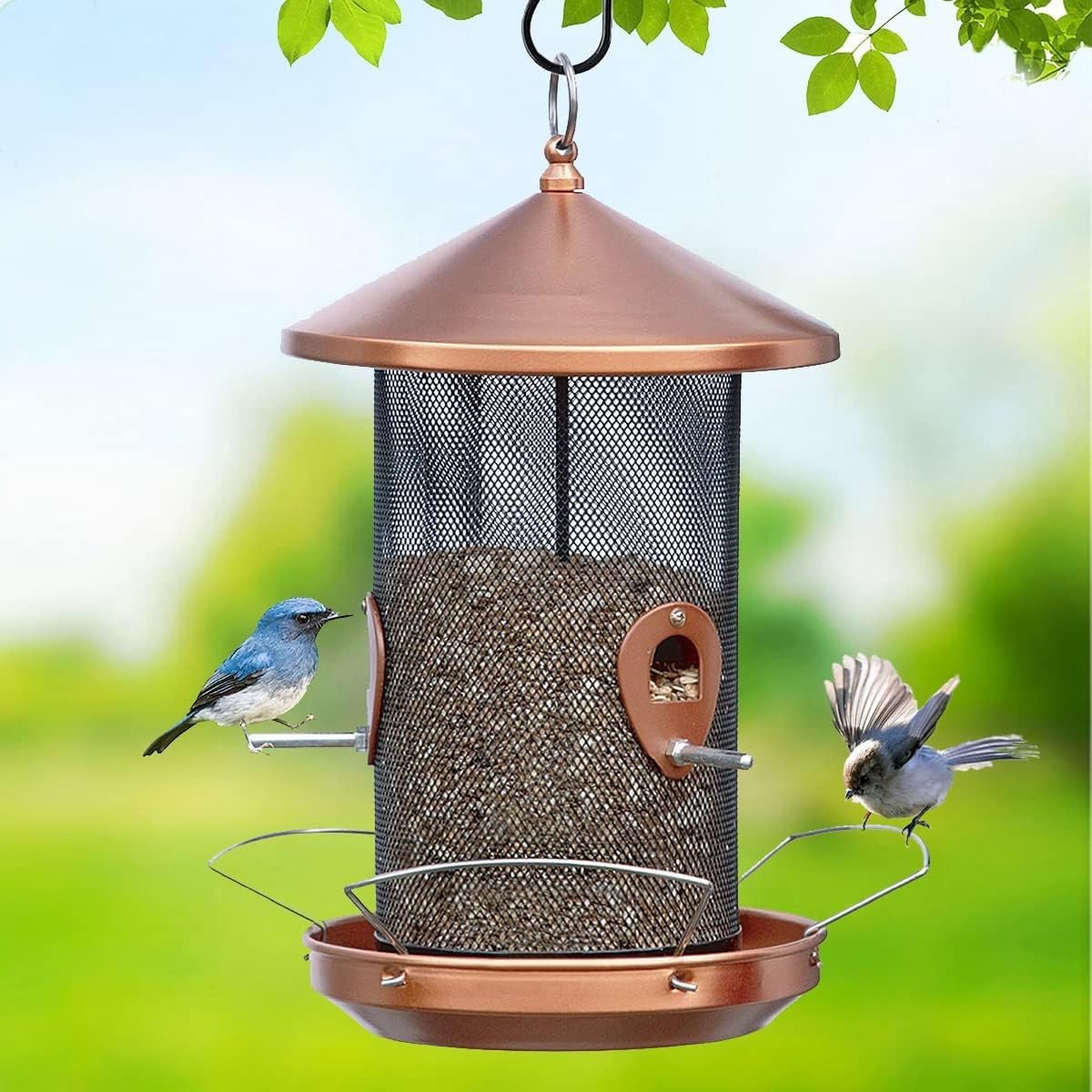 Omgoods - Groot Vogelvoederhuisje met Metalen Gaasscherm - Tuin Decoratie