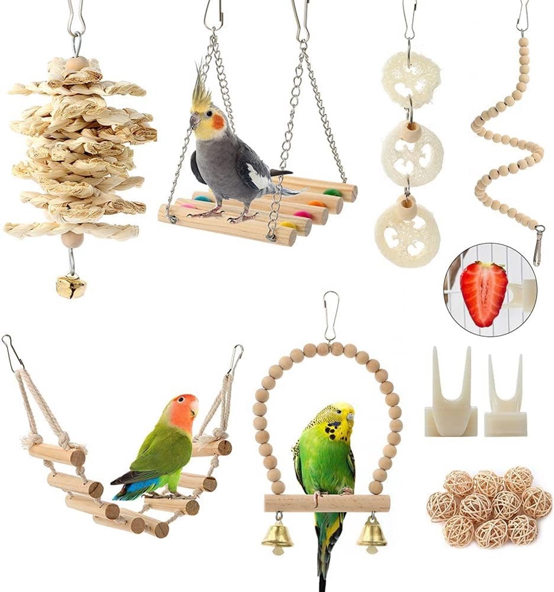Omgoods - 18-delige Speelgoedset voor Vogels - Schommel, Ladder en Kauwspeeltjes