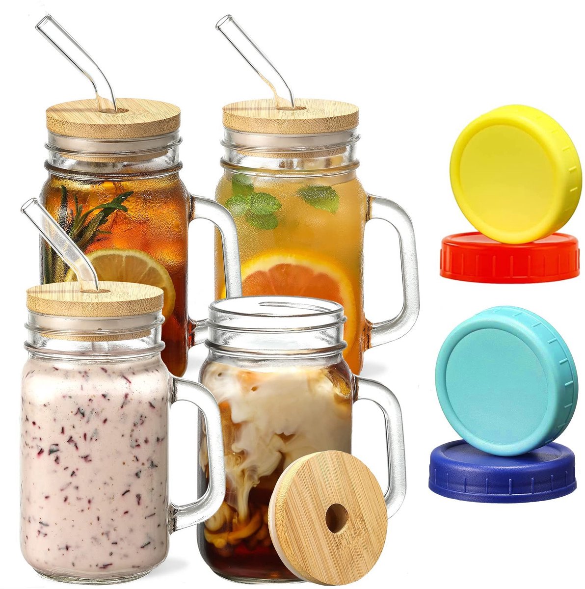 Omgoods - Set van 4 Mason Jar Drinkglazen met Rietjes en Lids
