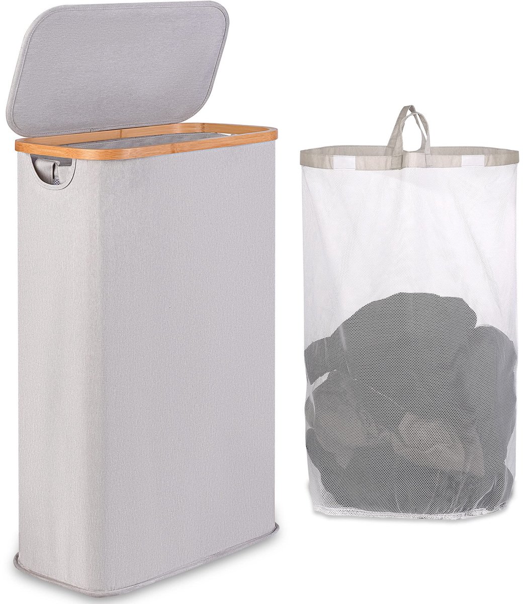 Omgoods - Slimme Vouwbare Wasmand 60L met Afneembare Binnenzak en Bamboo Handvat