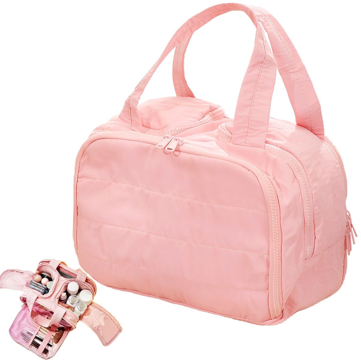 Omgoods- Make-uptas Ruim met Vakken - Toilettas met Handvat - Make-up Organizer - Roze Cosmetische Reistas - Ideaal voor Reis