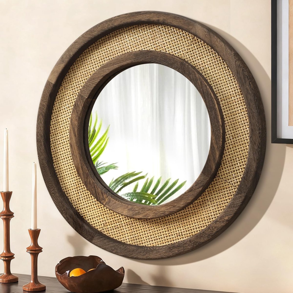 Omgoods - Ronde Wandspiegel met Houten Frame 40 cm Donkerbruin