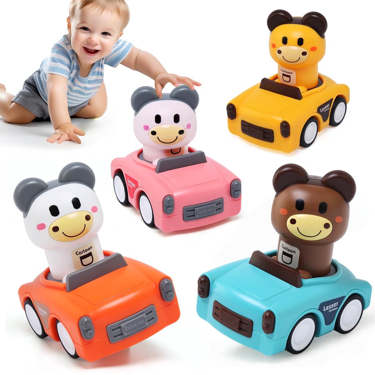 Omgoods - Druk en Ga Speelgoedauto's Set van 4 - Autootjes voor Peuters 1-3 Jaar