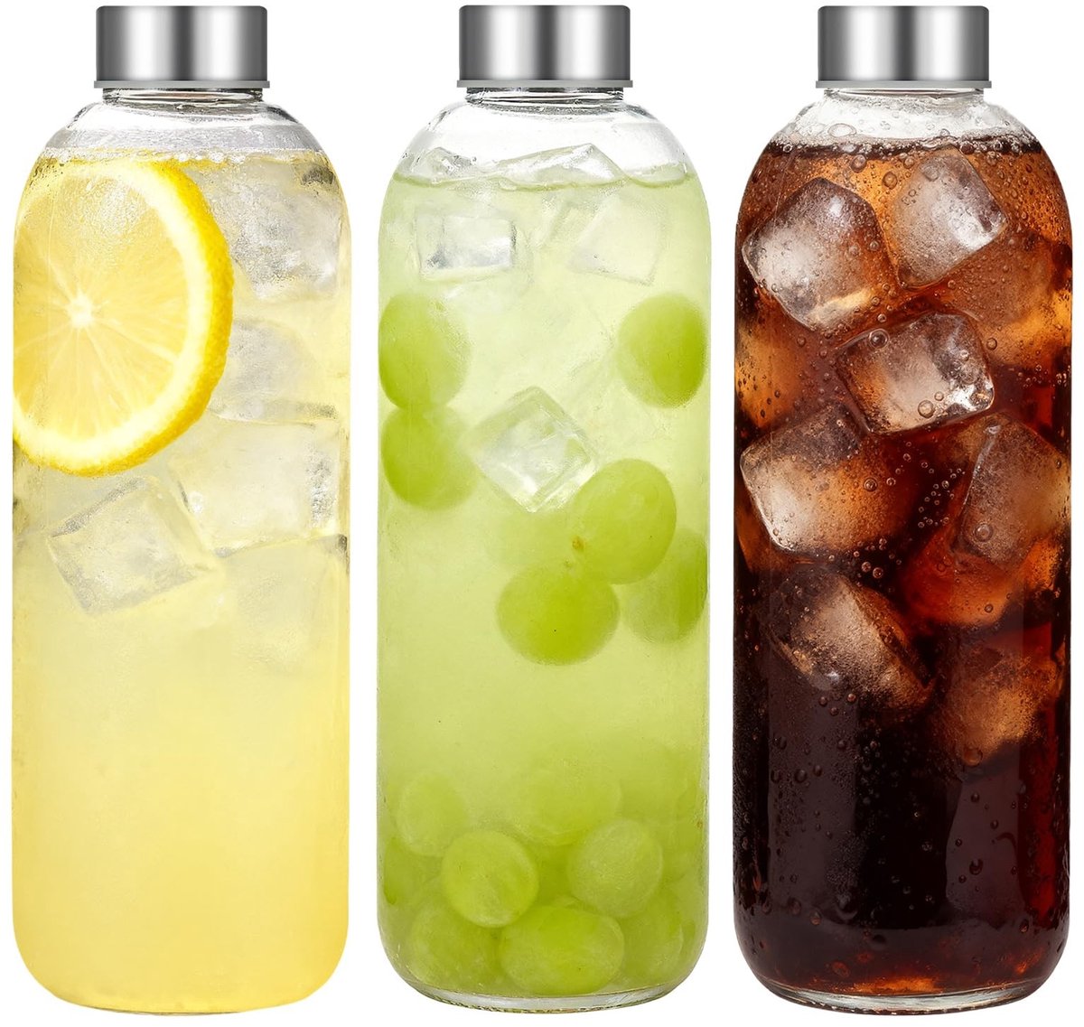 Omgoods- Waterfles 1000 ml - Glazen Drinkfles - Lekvrij - Roestvrijstalen Deksel - Herbruikbaar - Geschikt voor Sap/Smoothies