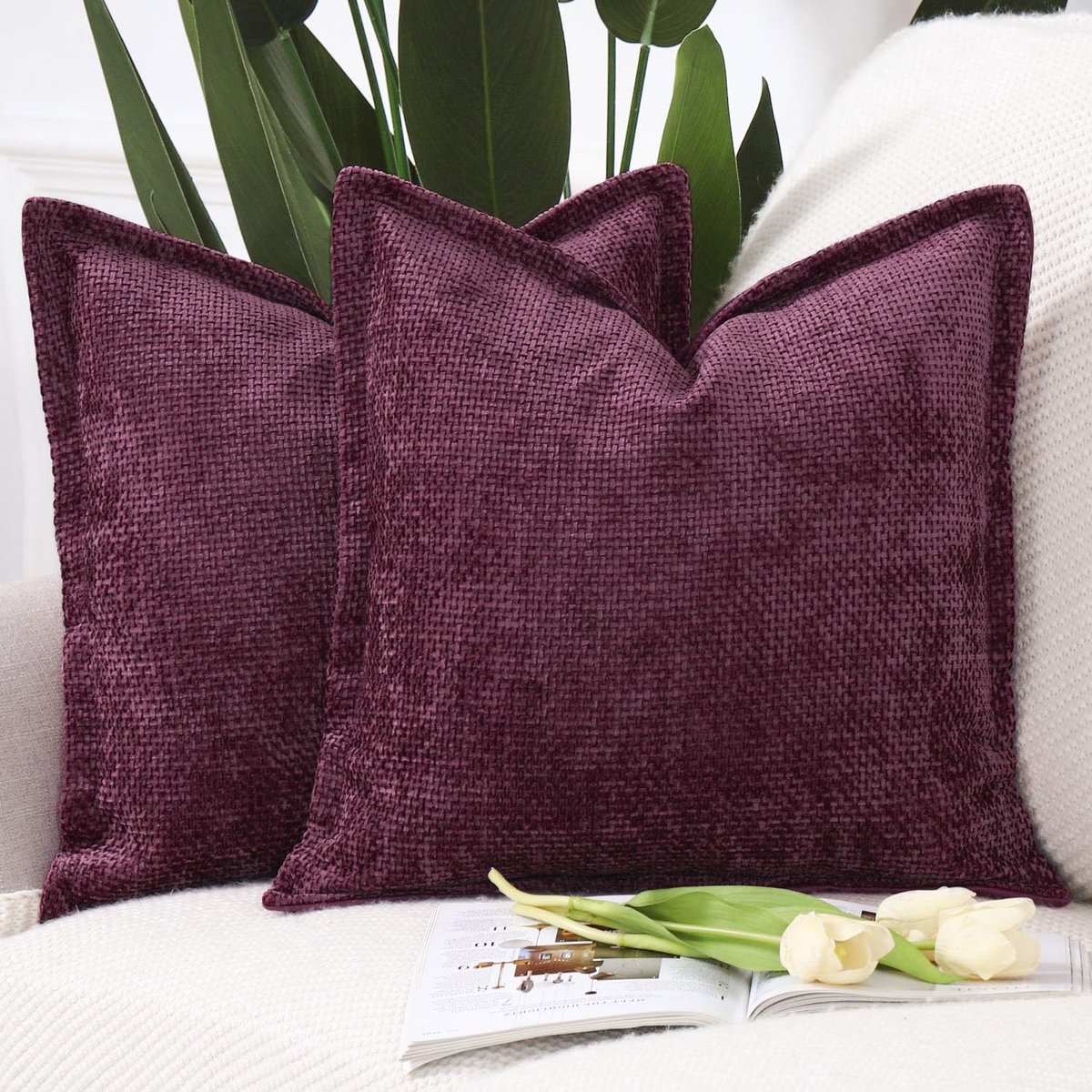 Omgoods - Set van 2 Chenille Velvet Kussenslopen 50 x 50cm in Bordeauxtint