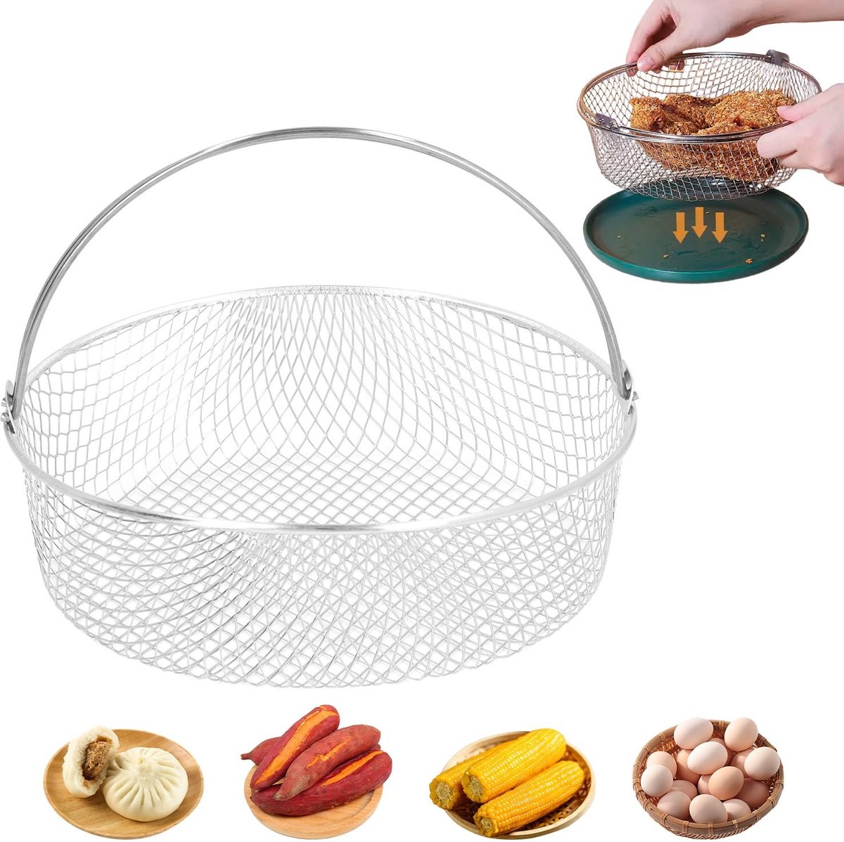 Omgoods- Airfryer Mand Roestvrij Stalen Gaas Bakplaat Kookaccessoire Handvat Afmetingen 21 x 6 x 16 cm Frituurmand