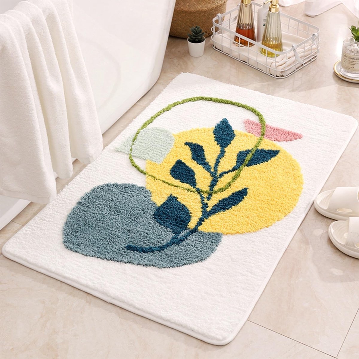 Omgoods - Zachte Witte Badmat met Plantenprint 50 x 80 cm