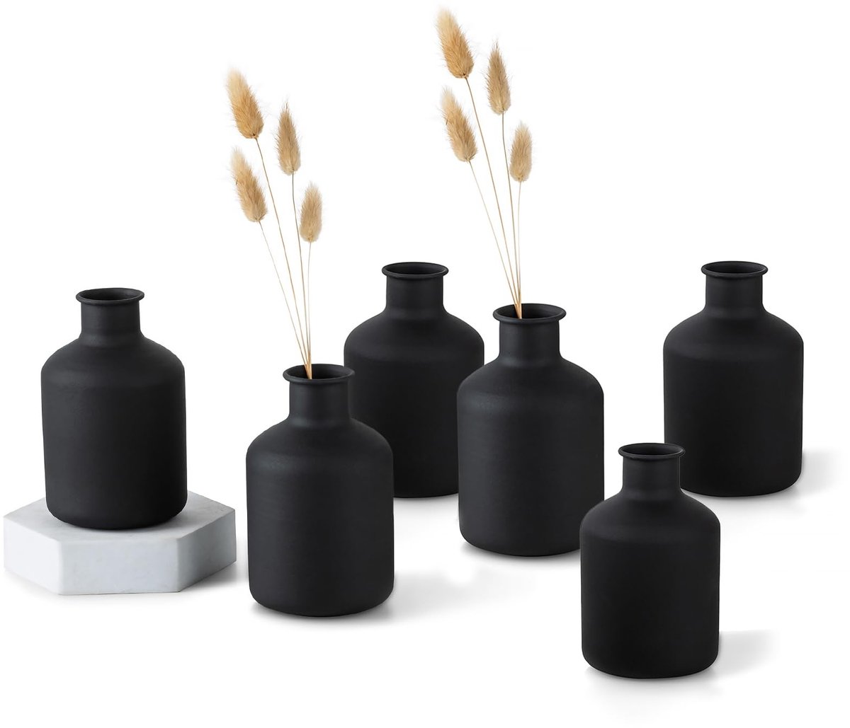 Omgoods - Set van 6 Kleine Zwarte Vazen voor Droogbloemen