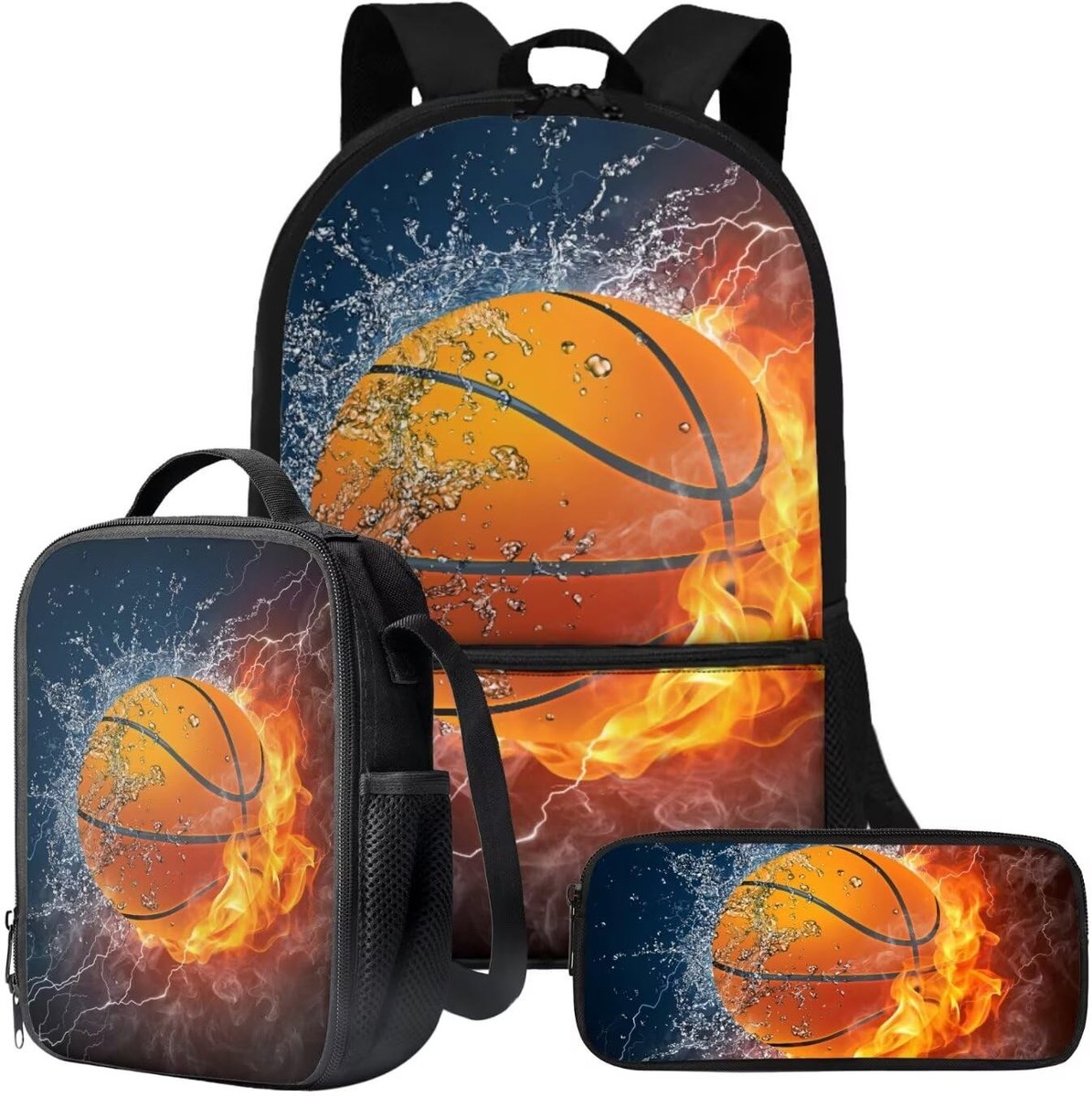 Omgoods - 3-in-1 Rugzak voor Kinderen met Lunchbox en Pennenhouder in Basketbalthema