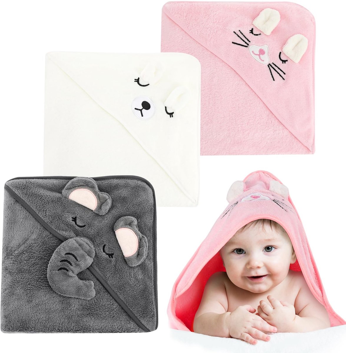 Omgoods - 3 Stuks Baby Badhanddoek met Kap, Zacht en Veilig