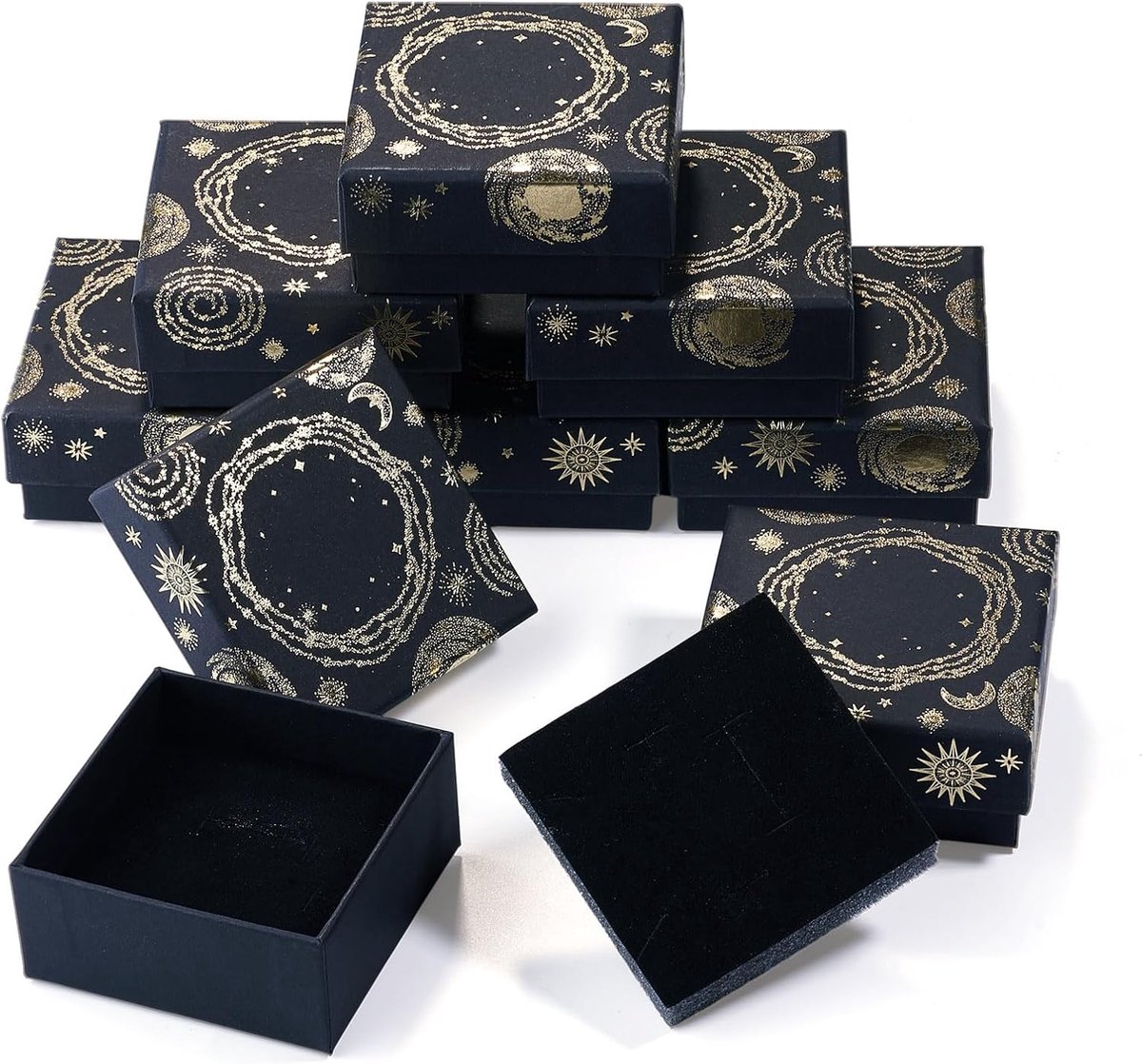 SnelShoppen - 10Pcs Zwarte Rechthoekige Kartonnen Geschenkdozen 9,1x9,1x2,95cm voor Sieraden Opslag Bruiloft Feest Gunst Maan Ster Design