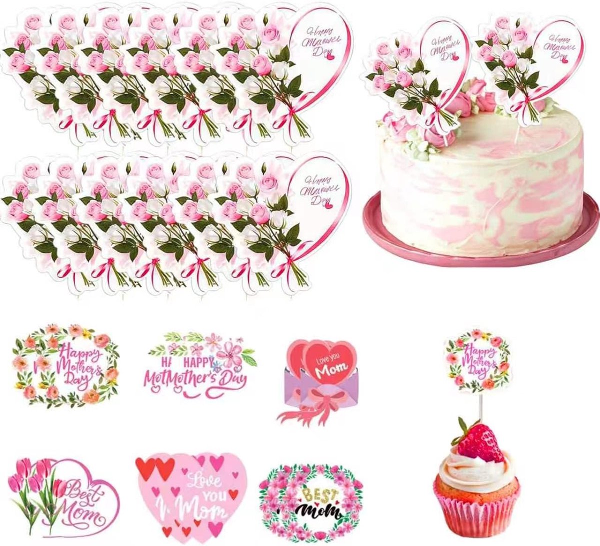 SnelShoppen - 24 Stuks Moederdag Cupcake Toppers, Love Heart Decoraties voor Taarten, Feest Benodigdheden, Moederdag Thema, Vrolijke Verjaardagsfeeste