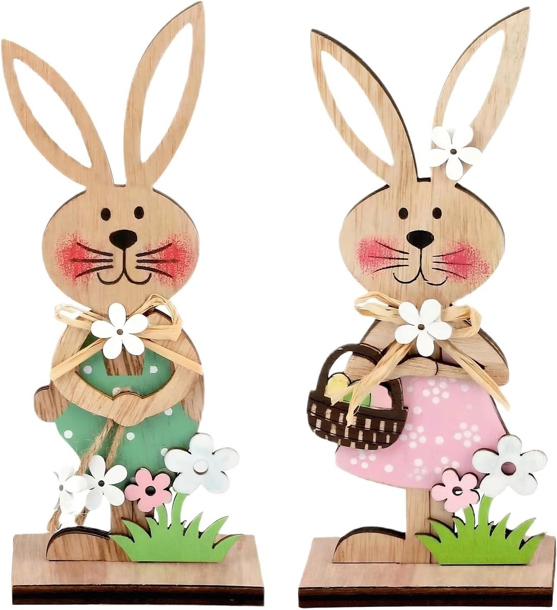 SnelShoppen - Houten Paashaas Decoratieset, 2-Delige Staande Konijn Ornamenten voor Tuin en Huis, Duurzaam Hout, Perfect voor Pasen en Decoratie