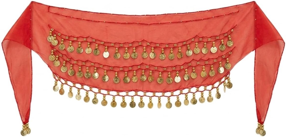 Bauchtanzgürtel - Rood met 72 gouden munten - Chiffon heupdoek - Perfect voor dansvoorstellingen - ShopVlot