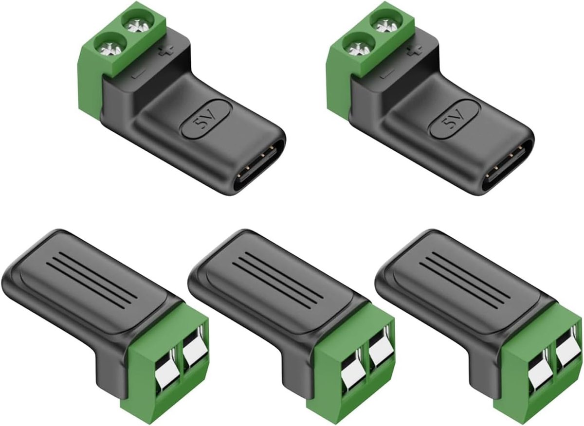 SnelShoppen - Pack van 5 USB C Voedingsadapter Type C Stopcontact naar 2 Pin Schroefaansluiting, 5V, 3A, 15W, OTG Voedingsvoorziening voor DIY Elektro