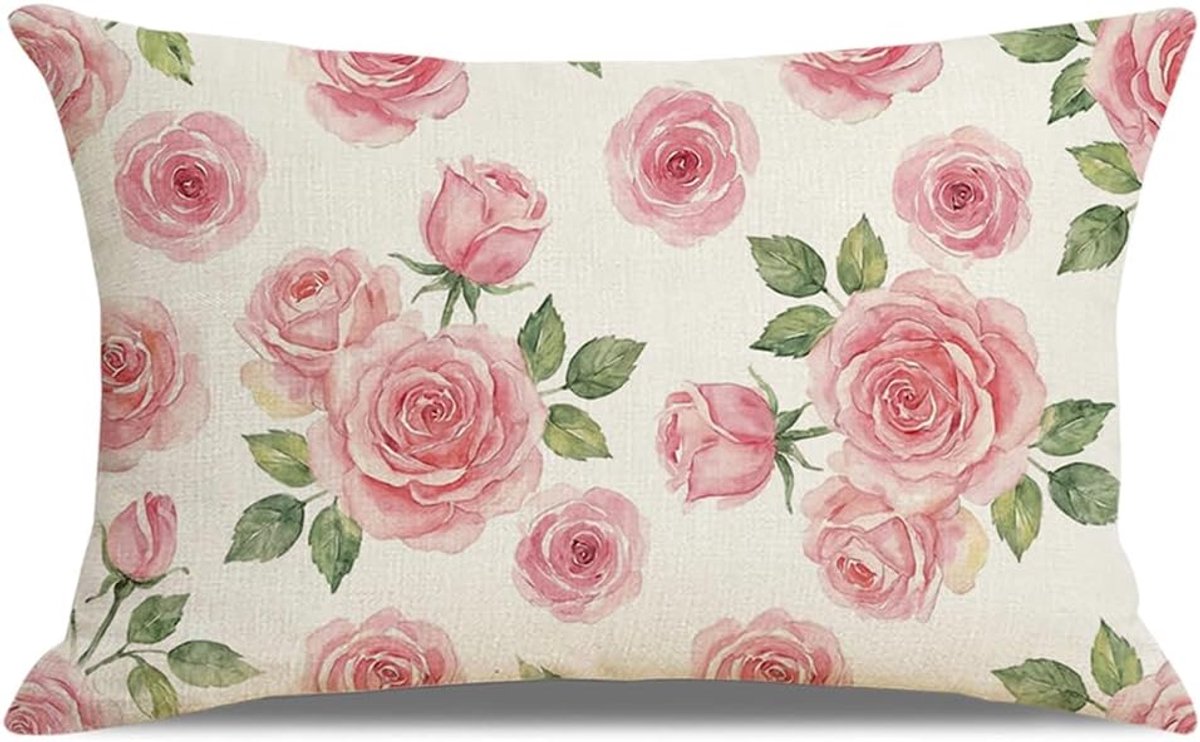 SnelShoppen - Kussenhoes Bloemen, 30 x 50 cm, Wasbare Linnen Kussenhoes met Vlinders, Voor Sofa, Huiskamer, Lente Zomer Decoratie