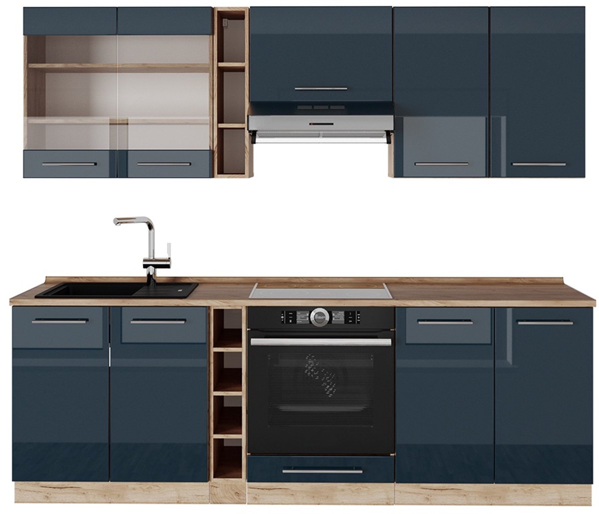 Vicco Fame-Line Complete keukeneenheid – 235 cm, WB Eik Donkerblauw hoogglans/gouden eik