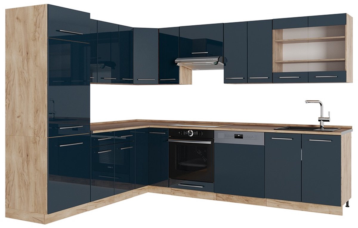Vicco Hoekkeuken Fame-Line, Donkerblauw hoogglans/Goudkleurig Eiken, 287 x 227 cm, WB Eik