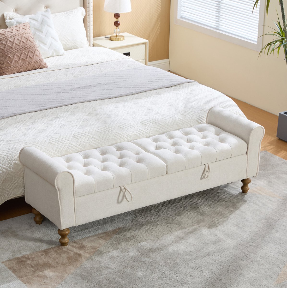 MIVRAY Bank 156 cm - Opbergbank Met 2 Klapdeksels En Armleuningen - Voor Woonkamer, Hal En Slaapkamer - Velours - Beige