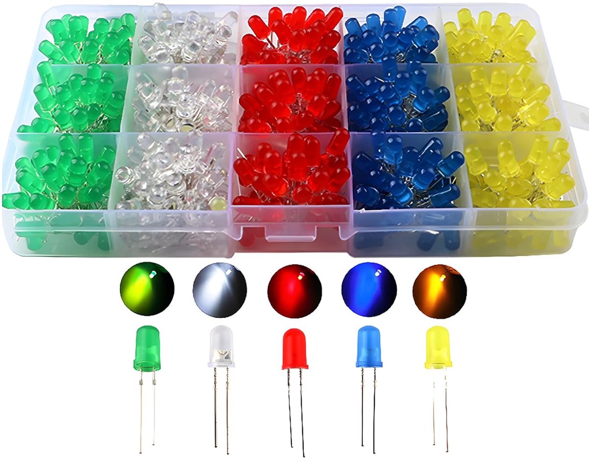 SnelShoppen - 500 Stuks LED Licht Diodes 5mm, Ronde Kleur Diodes 5mm 2-Pool, (5 Kleuren x 100 Stukken), Kleur Assortiment Wit/Rood/Geel/Groen/Blauw Ki