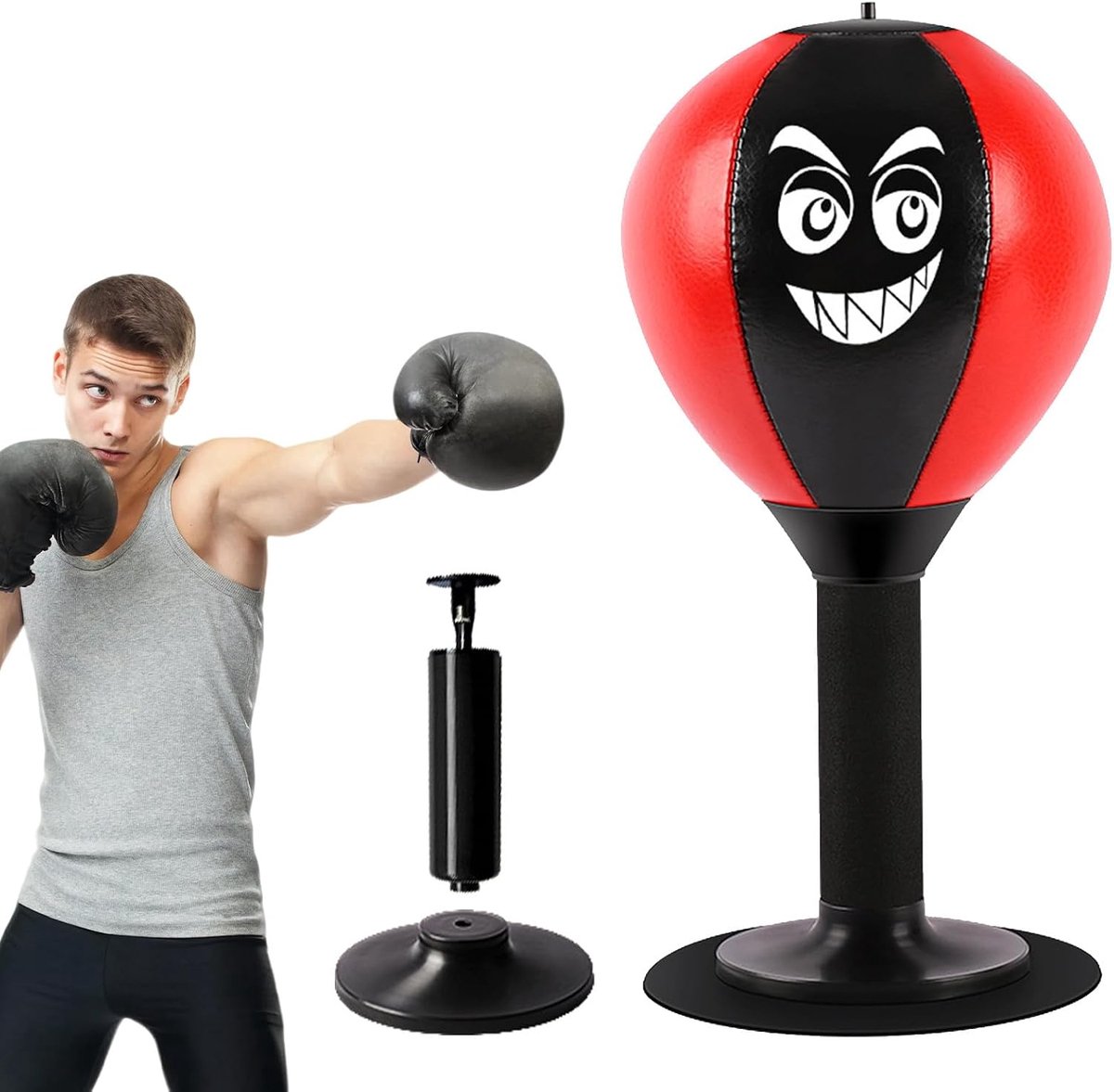 Upgrade speedball boksbal 17,5 cm, staande boksbal van PU, zwart, Punch Pal Reflex Ball Gym Punch boksbal - met luchtpomp + zuignap drukventiel, stabiele veerterugslag voor ontspanning +