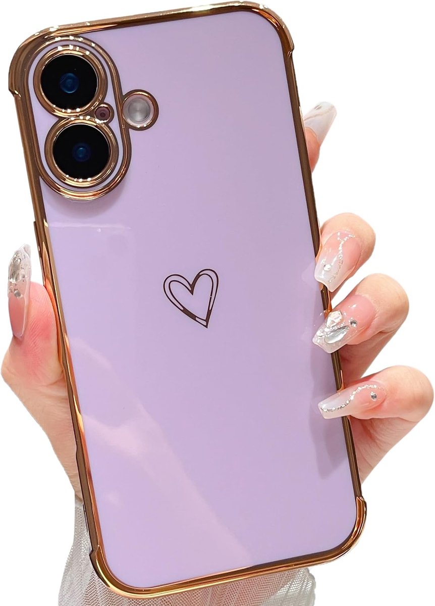 Compatibel met iPhone 16 Plus (6,7 inch) hoesje voor meisjes en vrouwen, flexibel, zacht siliconen beschermend telefoonhoesje met schattig liefdeshart patroon vergulde rand schokbestendige
