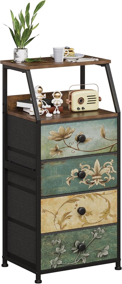 Commode met 4 lades - Stof en hout - Bohemian stijl - Ideaal voor slaapkamer of woonkamer - ShopVlot