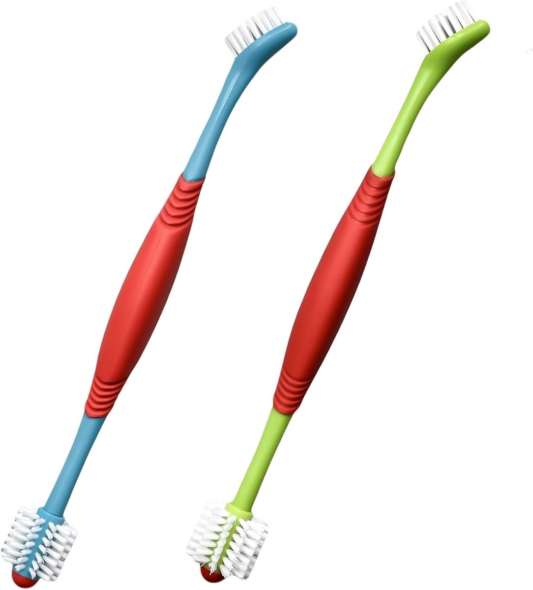 2 stuks dubbelkoppige hondentandenborstel, dubbele uiteinde, 360 graden kattentandreinigingsproducten, tandreiniging met hondentandpasta en plaquetverwijderaar (blauw + groen)
