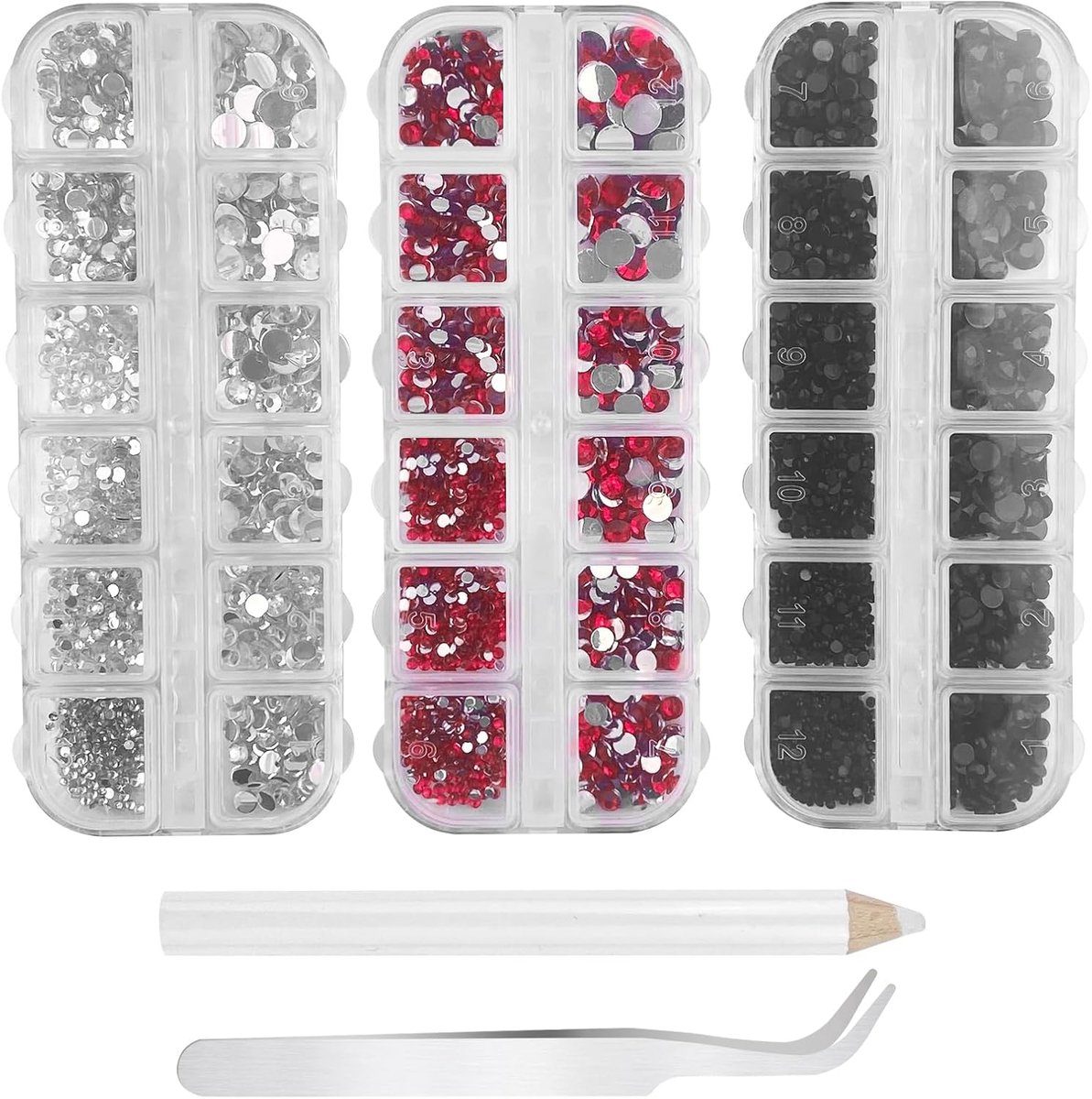 3 doosjes 7500 stuks strassnagels, 8 maten glitternagels, 3 kleuren strass, nagelkunst, strasskristal, accessoires, handwerk, decoratie, met pincet en pen voor het verzamelen van