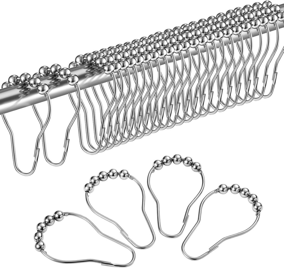 Haken, roestvrij staal, ophangringen met glijsysteem, douchegordijnringen voor douchegordijn, (24 afzonderlijke haken, 69 x 39 mm)