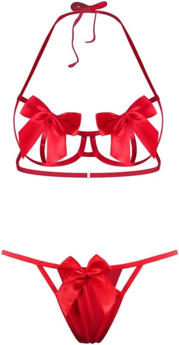 Lingerieset voor dames met sexy strik en geborduurd kant, 2-delig met beha en kousenhouder in Rood, Eén maat
