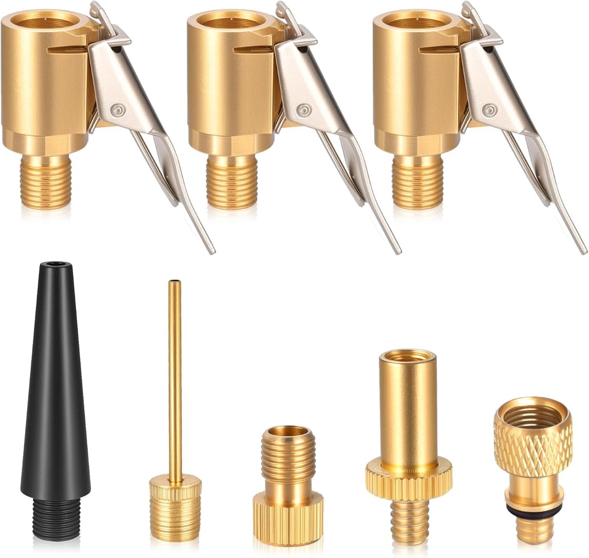 3 Stks Autoklephendel Plug Lucht Chuck Bandeninflator Connector & 5 Schrader naar Presta Ventiel Adapter Set, Messing Bandenlucht Chucks voor Banden Fietspomp Clips Adapter, DV AV SV BikeAir Pomp