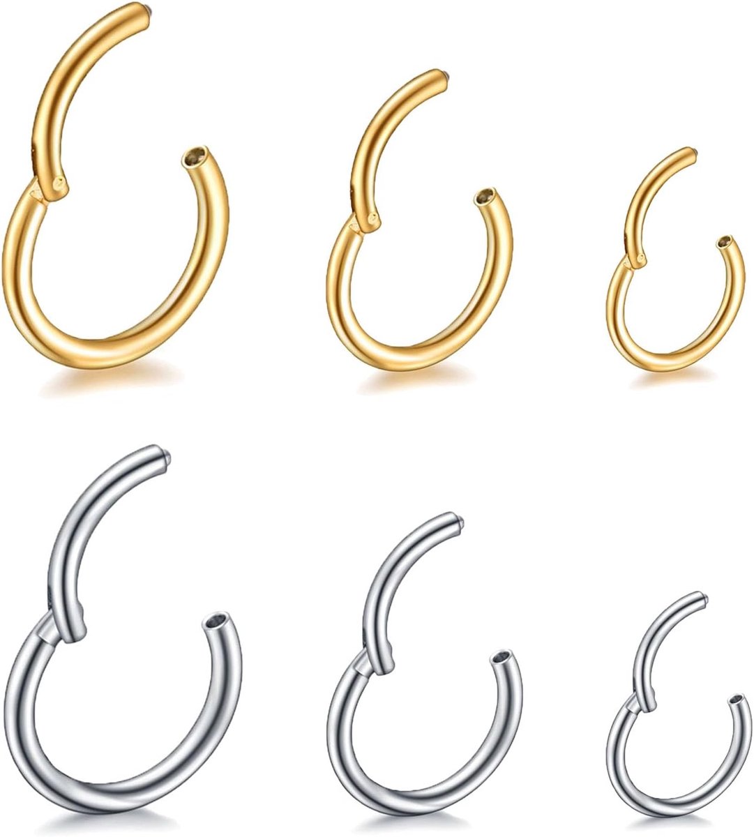 Ringen met scharnier van staal, 6 stuks, septumringen, lippenringen, kraakbeen, helix, piercing, oorbellen, helix, rook, goud/zilver, 6 mm - 8 mm - 10 mm, 6/8/10mm, Roestvrij staal