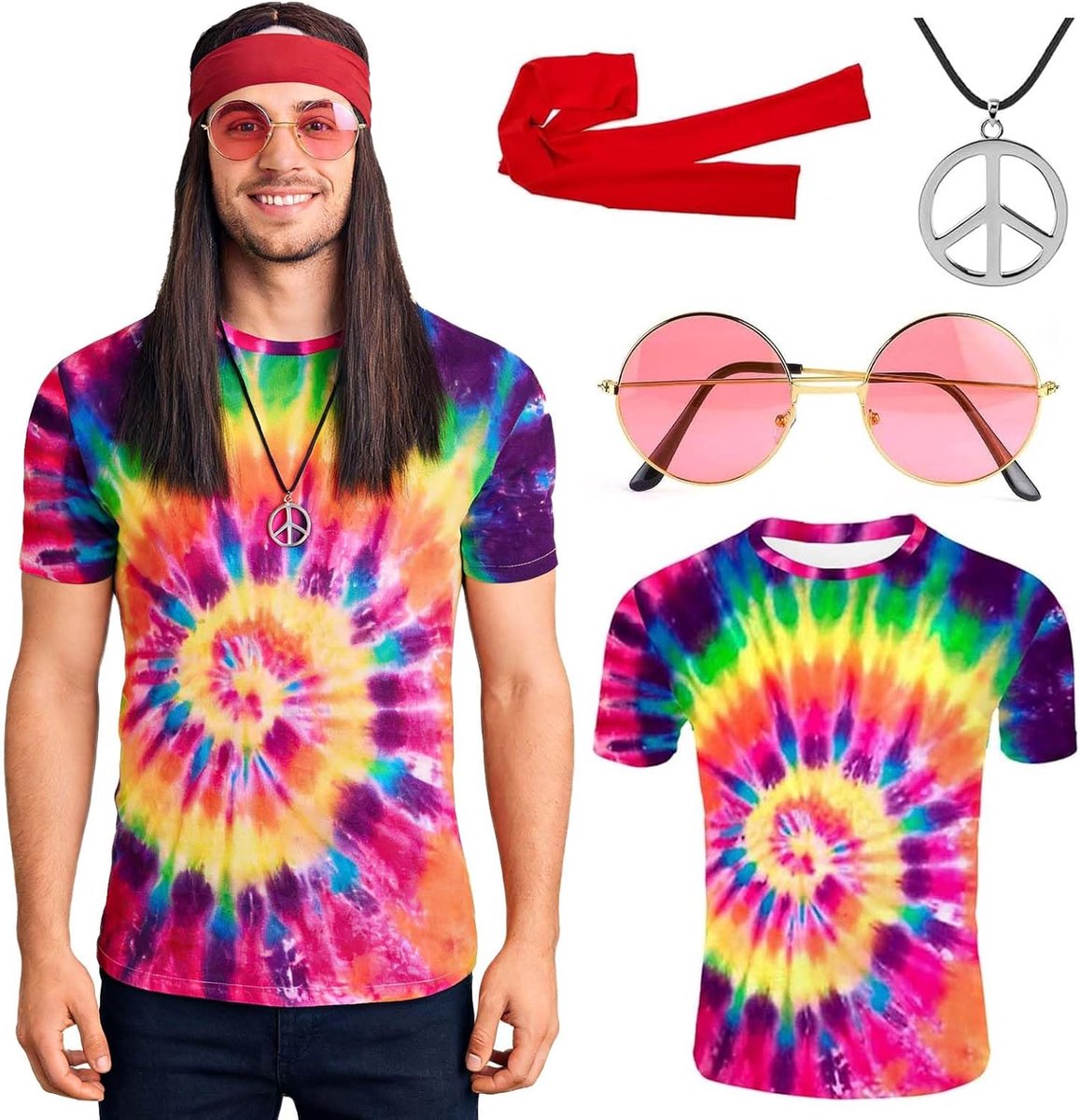 70 hippiekostuum voor dames en heren, accessoires, batikshirt, hippiebril, peace-ketting, jaren 70-outfit voor heren, voor carnaval, cosplay