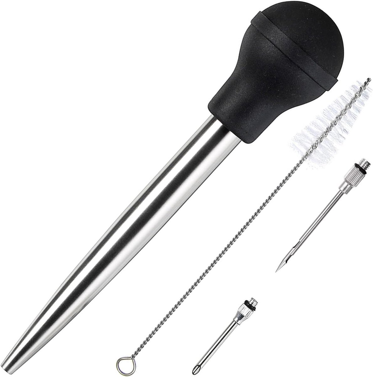 Utensils Bratenspuitenset van roestvrij staal, professionele kwaliteit, FDA, rubberen ballon, inclusief marinade-injectorspuit en borstel voor eenvoudig reinigen