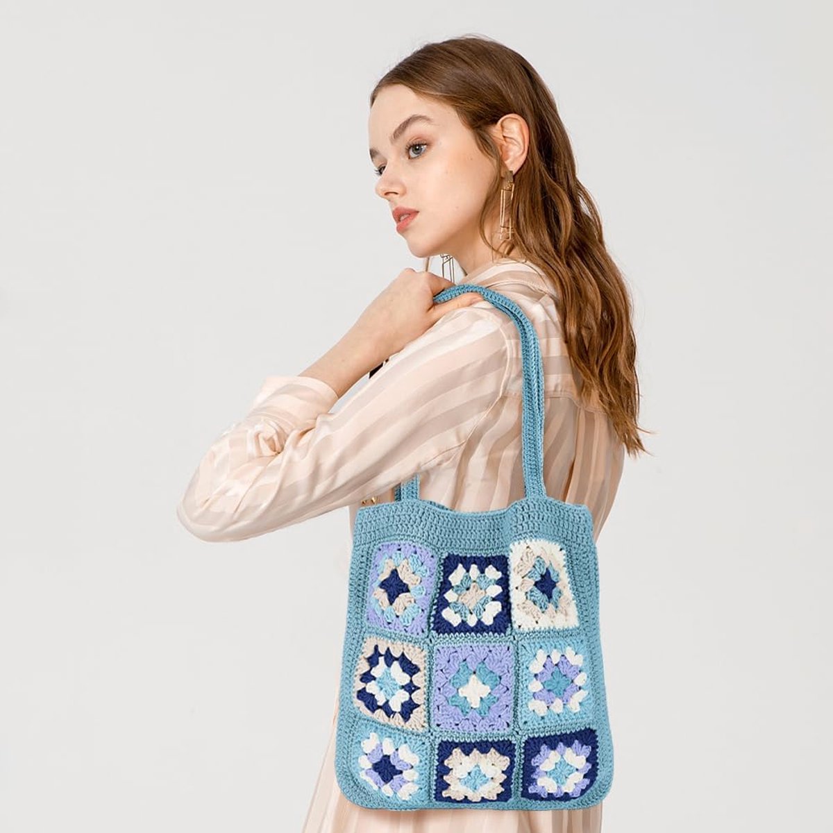 DIY Granny Square Haak Tas Kit voor Beginners Volwassenen, Haak Oma Vierkant Tas Kit met Instructie Video Tutorials, Leer om Tas te Hakken Maken Kit voor Beginners, Donker Blauw