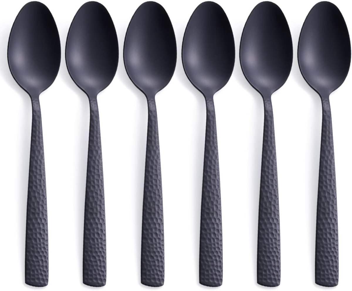 zwarte eetlepelset van 6 stuks, FULLYWARE 20 cm roestvrijstalen zwarte lepels, satijnglans.