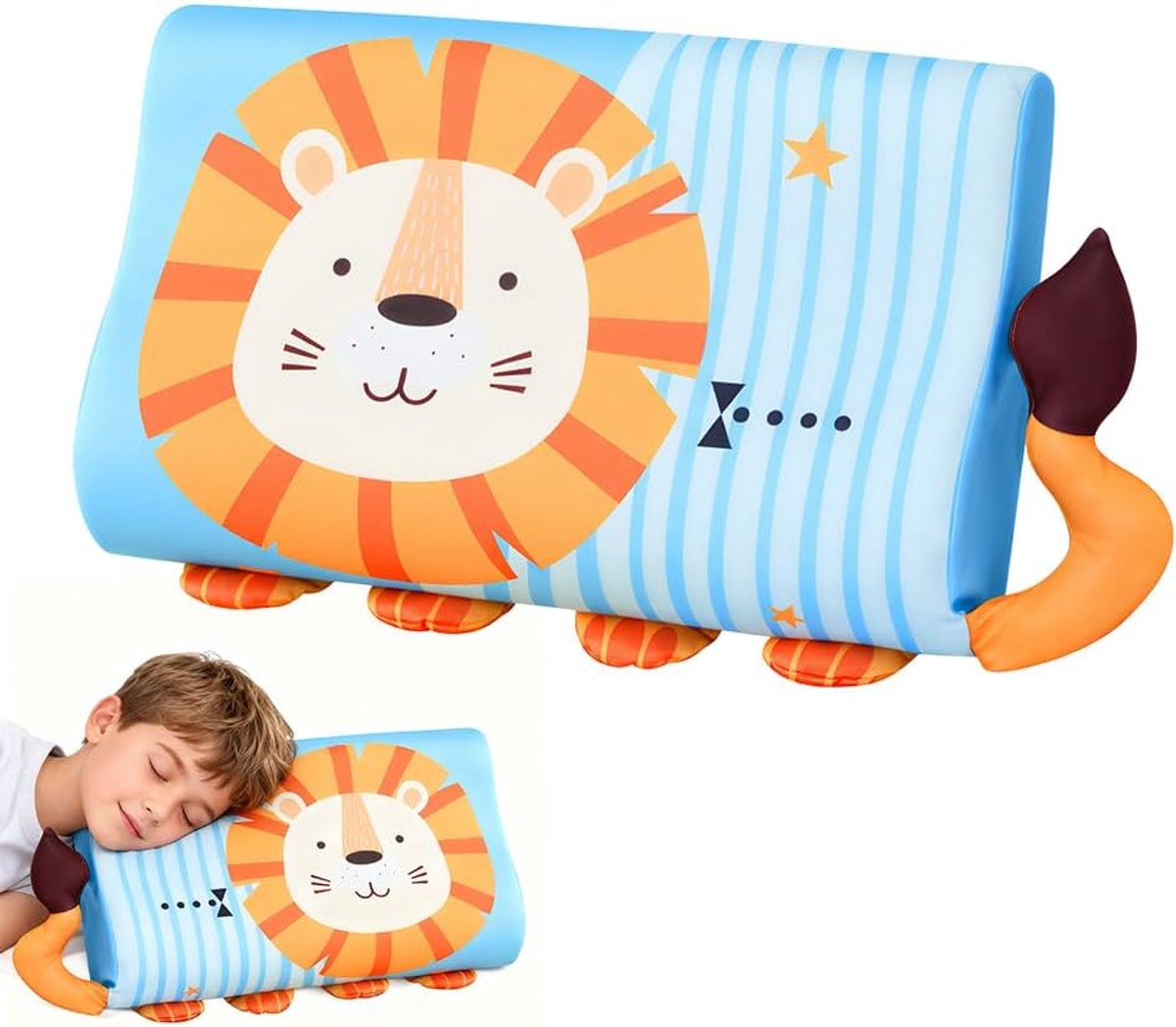 SnelShoppen - Kalmerend Kinderen Kussen 45x27 cm Ergonomisch Geheugenschuim Kussen met IJszijde voor Gezonde Slaap, Leeuw Design, Perfect voor Kindere