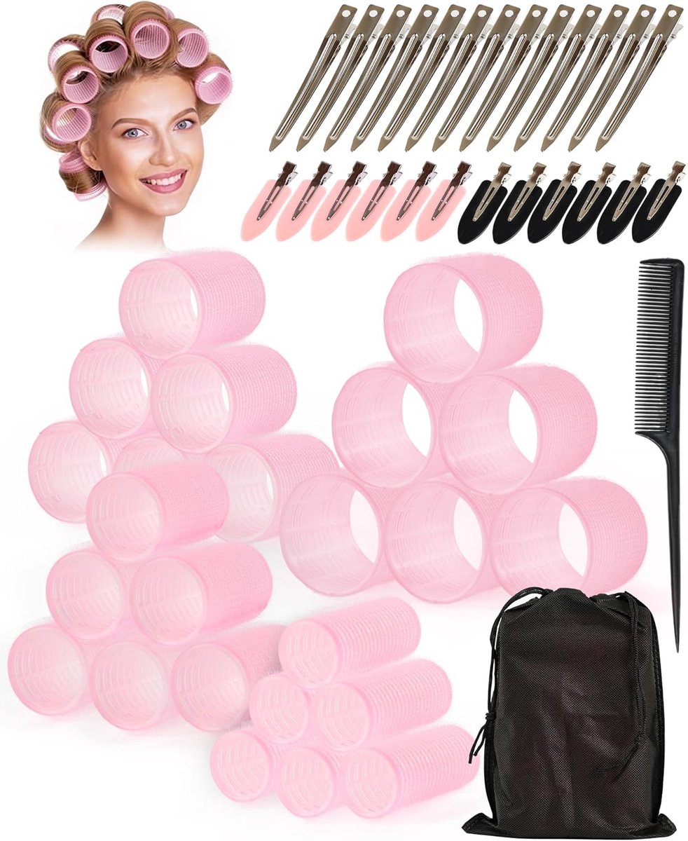 50 Haarrollers Groot met Clips 4 Maten Puntkam & Opbergzak Roze | 50 Haarrollers met Clips, 4 Maten voor Krullen Zonder Hitte, Inclusief Puntkam en Opbergtas voor Thuis en Onderweg