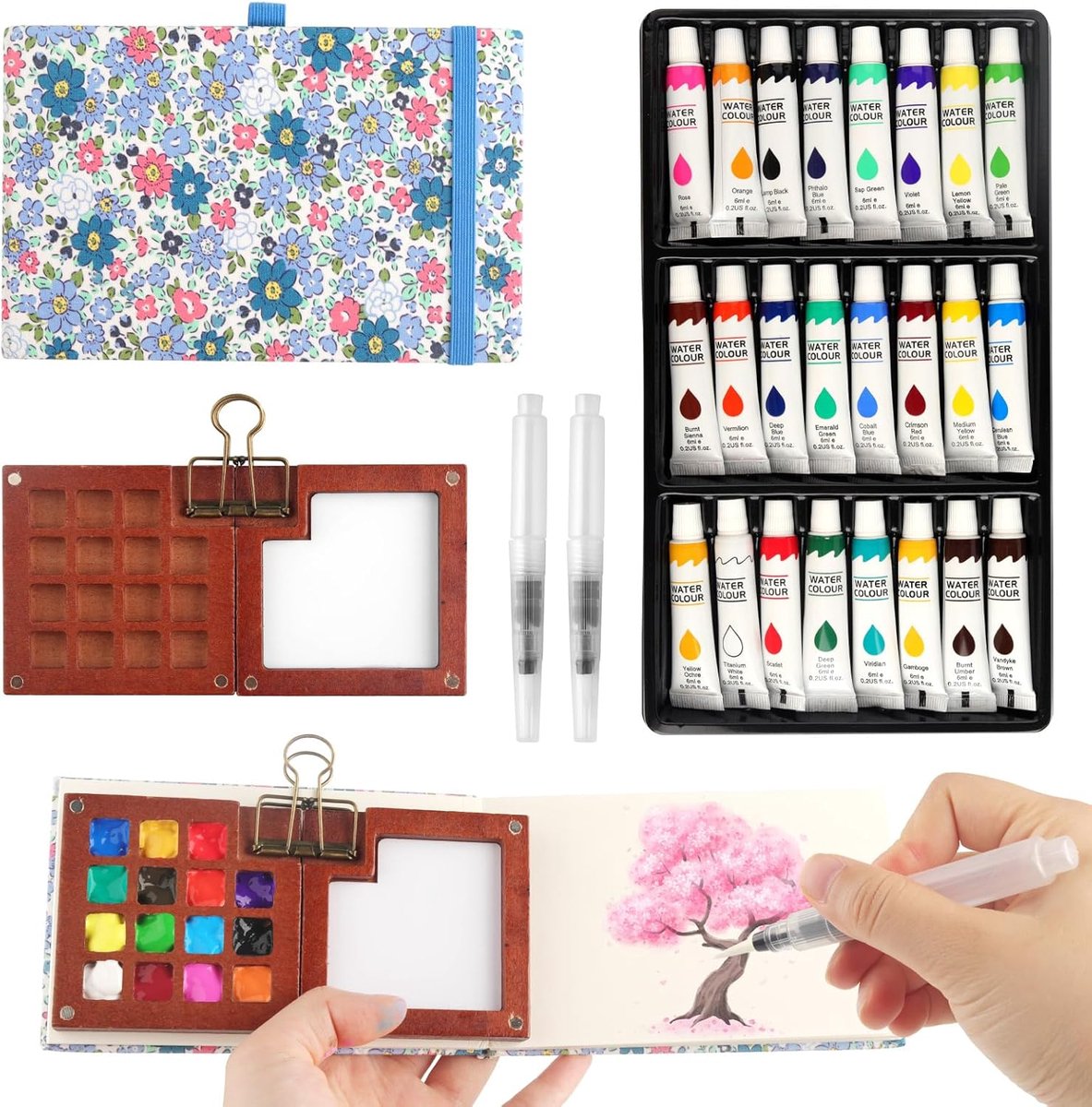Aquarel Travel Set 24 kleuren | Draagbaar houten schilderpalet, Schilderdoos met aquarelpapier, Aquarelpenseel en stiftclip, Wood Pocket Artist