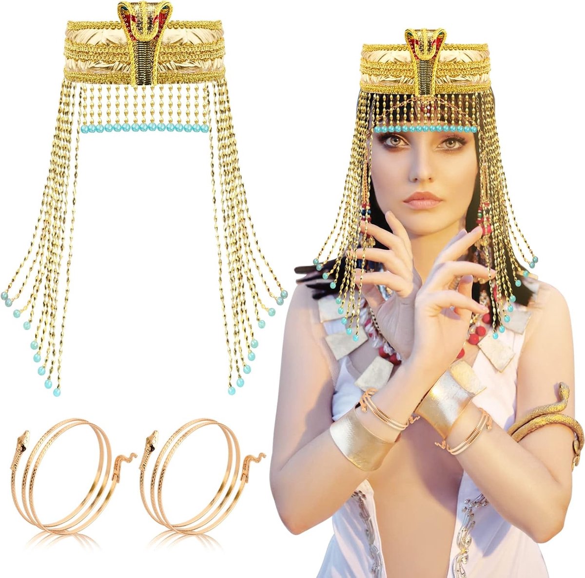 Egyptische Cobra Kroon Hoofdbanden Set, Gouden Slangarmband en Cleopatra Kostuumaccessoires voor de Koningin van de Nijl