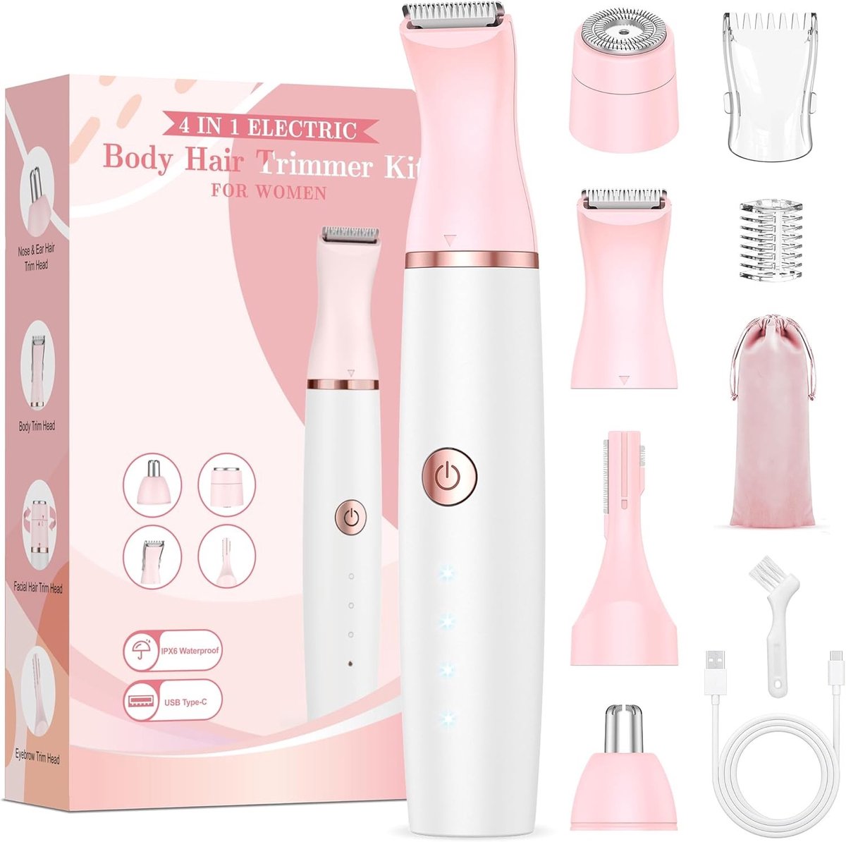 Elektrisch Scheerapparaat voor Vrouwen - 4-in-1 - Bikini/Gezicht/Neus/Wenkbrauwen - Waterdicht Nat/Droog - Oplaadbaar