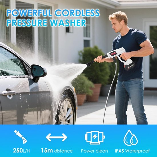 Accu-hogedrukreiniger 48V - Draadloos met 2 Batterijen - 6-in-1 Mondstuk - 30 Minuten Looptijd - Voor Tuin, Auto en Terras — afbeelding 2