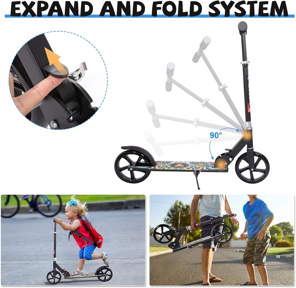 SnelShoppen - Opvouwbare Scooter voor Kinderen, Verstelbaar Handvat, Antislip Pedalen met Graffiti Patroon, Geschikt voor Kinderen 3-12 Jaar en Ouders