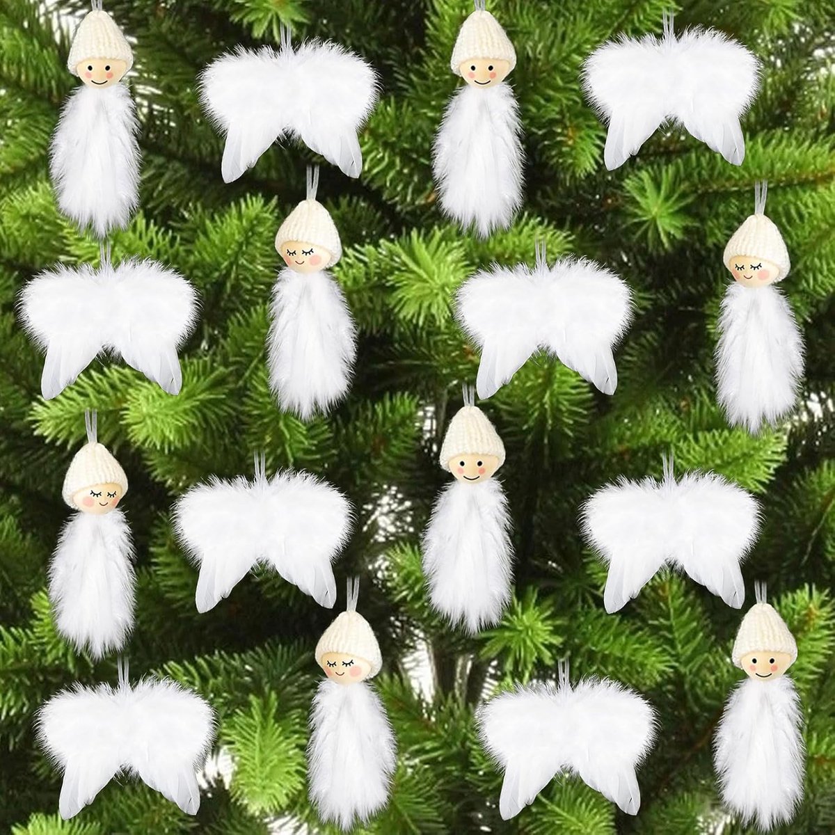 SnelShoppen - Kerstboomdecoraties Wit 16 Stuks - Feestelijke Gnome en Engel Vleugels Hanger Set - Unieke Pluizige Versieringen voor Binnen en Buiten -